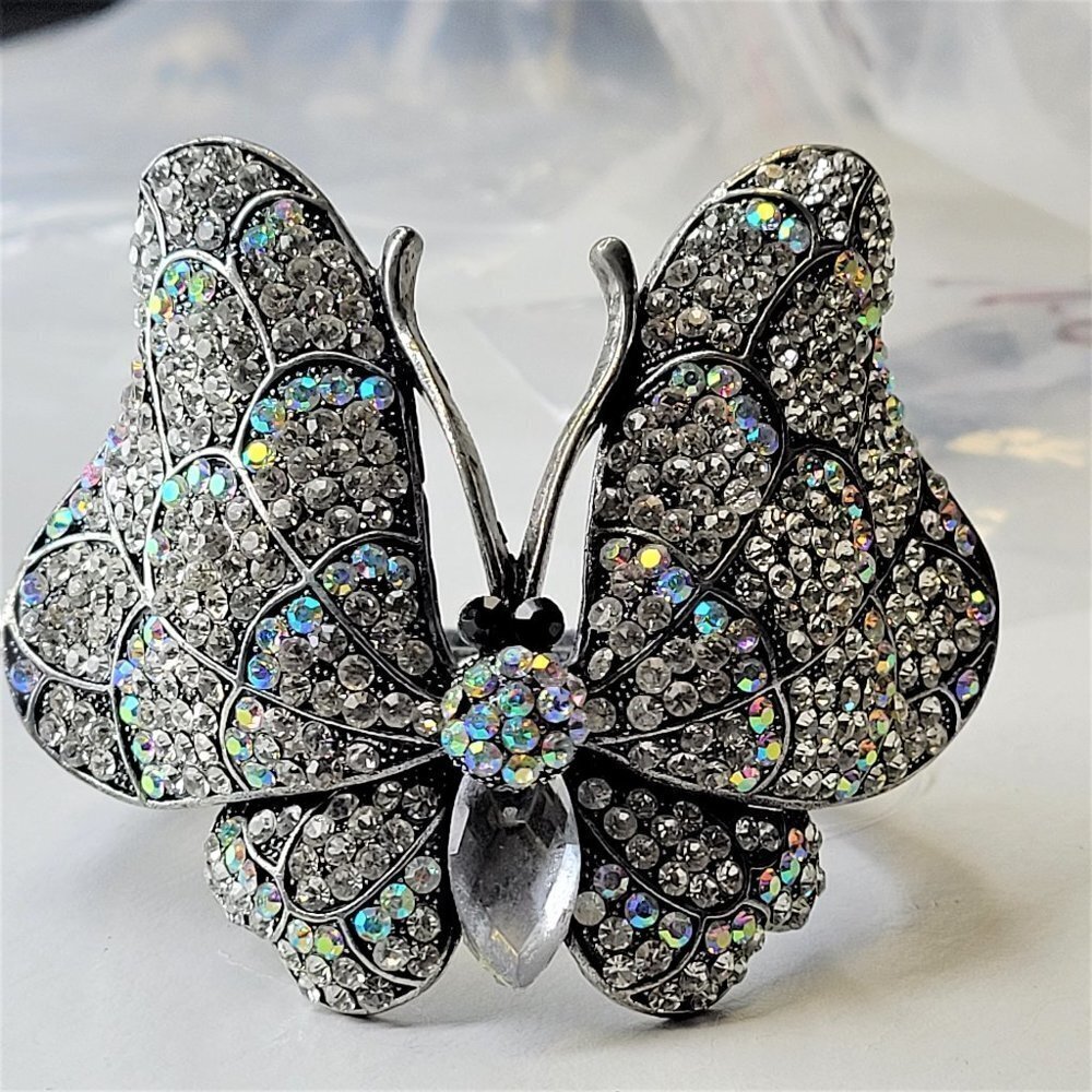 Large Rhinestone Butterfly Hinged Cuff Bracelet - Picture 2 of 14